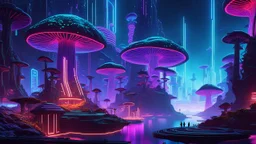 "A cyberpunk fantasy world with floating islands connected by a neon-lit network of mycelium-like strands, futuristic mushroom structures, holographic displays, vibrant neon colors, dark background, sharp focus, in the style of Syd Mead, 8k, trending on Artstation."