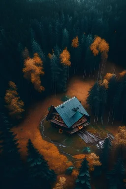 aerial view from wild destination with old cabin into a forest, is autumn and moody rainy day, photography details 4k