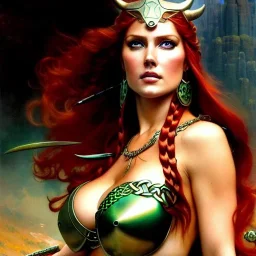 portrait 'beautiful Sexy Busty RedSonja',braided long hair,horned helmet, celtic tattoed,crystal clear green eyes,painting by gaston bussiere, greg rutkowski, yoji shinkawa, yoshitaka amano, tsutomu nihei, donato giancola, tim hildebrandt, oil on canvas, cinematic composition, extreme detail,fit full head inside picture,32k