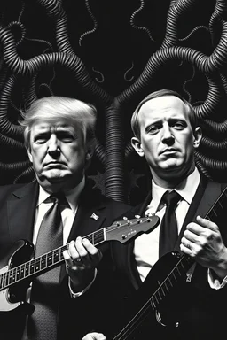 Trump and Zuckerberg as goth punk rockers in the style of Giger and Escher