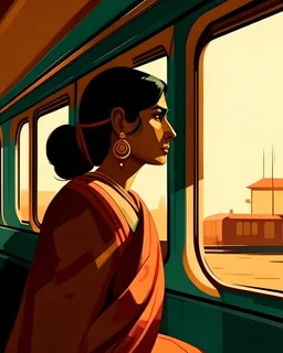 Vector. Illustration. indian woman in a saree. looking out the window in a train thinking. contemplate. 1980s. Minimal. 2D animated. Digital painting, Ol. high resolution. long shot.
