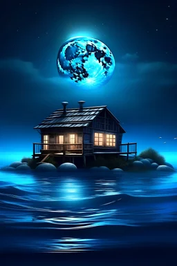 Create digital arts of house in the sea and Moon is shining and lights are glow on the surrounding