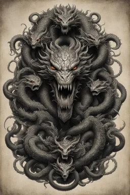 A hydra, its seven heads, each one brimming with malevolence, writhe and strain against the chains that hold them captive. Six of the heads, chained tightly, restrict the hydra's movements. But the seventh head unchained looms above the others.