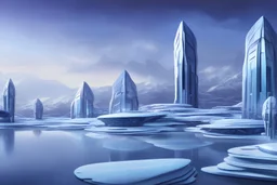Futuristic buildings near frozen lake, science fiction, realistic painting