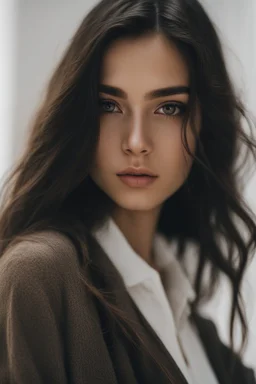 An incredibliy detailed medium shot macro shot of a 20 years old beautiful girl, long dark hair, an artistic portrait, detailed skin, detailed hair, facing to the camera, looking at the camera, dreamy mood, realistic, low aperture, bright image, Leica Q3, corner in the white room, white background, sunlight from the window, shadow of the window frame, golden hour