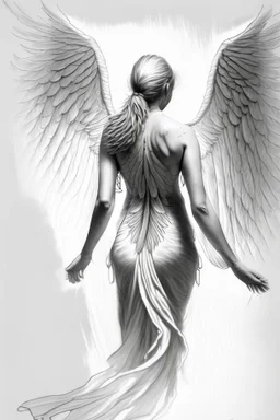 full body woman angel from back, angel wings coming through from her back skin, bun haired angel wearing long tunic ultra realistic drawing