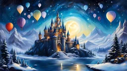 acrylic illustration, acrylic paint, oily sketch, winter, epic fantasy castle, official art, official wallpaper, surreal, floating islands:1.1, detailed landscape:1.1, magic in the air:1.1, stardust:1.1, night sky, whimsical atmosphere:1.1, dreamlike world:1.1, baloons moonlight:1.1, enchanted forest, wisdom:1.1, powerful energy:1.1, guardian angels:1.1, peaceful:1.1