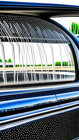 create an Image of washing front glass of the car, drops of water, foam all over, make it look like its taken from inside the car