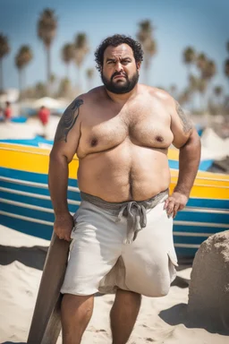 full figure shot photography of a tired chubby burly 38 years old ugly arab carpenter, tank top, big nose, tattoo, unshaved, short curly hair, manly chest, angry eyes, white boxer, open legs , at the beach in the sun, big shoulders, big tights, side light, ground view angle