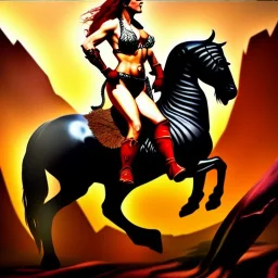 ultra detailed portrait of beautiful Red Sonja Riding a Black Horse and wearing a bikini plate armor, extremely detailed digital painting, in the style of Ken Kelly and A.J. Manzanedo and FRANK FRAZETTA and Simon Bisley and Ashley wood and Alex Horley, mystical colors, rim light, beautiful lighting, 8 k, stunning scene, raytracing