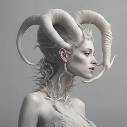 create a woman with horns on her head, inspired by Karol Bak, zbrush central contest winner, figurative art, beeple. hyperrealism, portrait of an alien, ram horns, side profile artwork, trending on deviantarthq”, jessica rossier and brian froud, 3 d clay figure, realism | beeple, sculpture of a woman