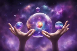 kundalini, connected to the universe, few colours of galaxy, holding galaxies in few hands in glass balls, purple colours and few more colours