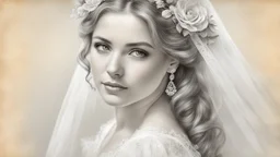 old postcard, white background, bride, pencil drawing, 3d, 64k, high resolution, high detail, computer graphics, hyperrealism, f/16, 1/300 sec. digital painting, double exposure,