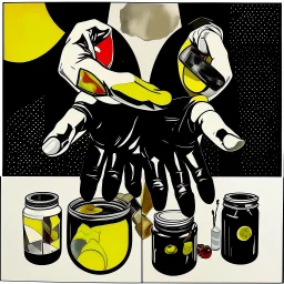 unbalanced color photographic collage featuring dark negative space, TEXT "THE TICKLE JAR", nihilistic, segmented arm like a cutaway schematic, loose fingers in a brine, sequencing image coherence across multiple panels, foreboding, abstract quirky juxtapositions