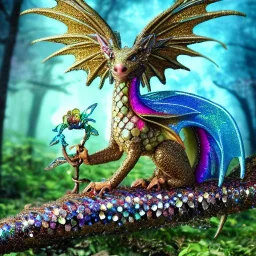 cute, adorable baby dragon made of crystals and gems, glittery scales, iridescent wings, sitting on forest floor, muted rainbow colors, intricate, fine detail, 8k, sharp, crisp, high-quality, 4k , octane render, detailed matte, brian froud, howard lyon, anne stokes, lisa parker, selina french, greg rutowski