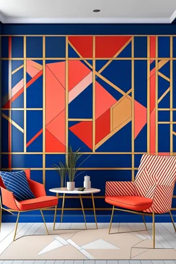 Create a handpainted geometric wall mural with intersecting quadrants in vibrant coral and navy blue. Employ quirky and dynamic typography for the quote, with accents of gold for added flair."