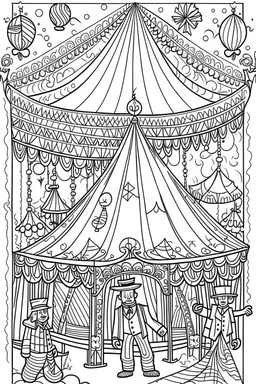 Coloring book page:: Circus: A whimsical illustration of a circus tent with acrobats, clowns, and a ringmaster:: high detail adult coloring book page thin black lines white background, 1 bit line art coloring book, only draw outlines, crisp, thick outlines, use up the entire screen, outline art, storybook illustration –no noise, book, logo, page, letters, words, markers, grayscale, –no black background –ar 3:4 –v 4