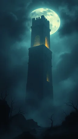 The tower of Babylon. A full moon ,A mystical scene with ethereal light illuminating a dark landscape filled with shadows and whispers.