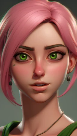 Realistic anime art style. Upper body camera angle. She has tan skin and hazel eyes, and her chin-length green hair is drawn back in a ponytail. Her lips are painted with glossy pink lipstick and a pink blush is on her cheeks. Her eyes are marked with matte bronze eyeshadow and her eyelashes enhanced with black mascara.