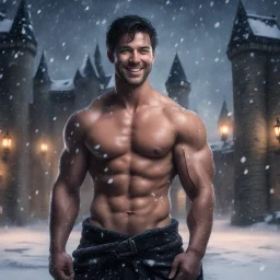 Hyper realistic Extremely Handsome shirtless muscular king smiling & Standing with short black hair outside huge castle at dark & heavy snowfall night