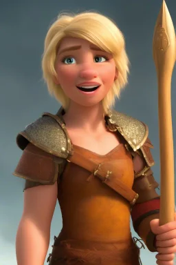 strong medieval warrior with blond short hair, blue eyes and wide warm smile with an axe with green and brown clothes