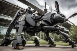 Black rabbit piloting a giant rabbit mech. Photograph.