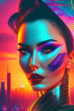 glamorous woman with a beautiful face holding a CHINESE paper fan up to the side of her face, hyperreal, Tron like city in background, sunset, cinematic cyberpunk synthwave