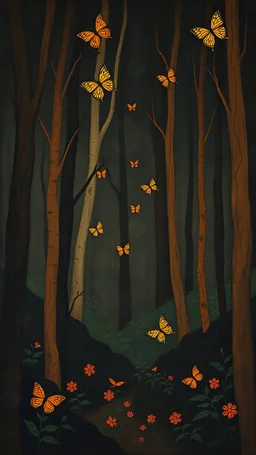 A brownish black murky rainforest at nighttime with butterflies painted by Paul Klee