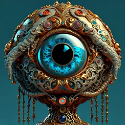 Expressively detailed and intricate 3d rendering of a hyperrealistic “steampunk eyeball”: front view, symetric, organic, dripping colorful paint, tribalism, pillar, gothic, shamanism, cosmic fractals, dystopian, dendritic, stylized fantasy, mati klarwein, artstation: award-winning: professional portrait: atmospheric: commanding: fantastical: clarity: 16k: ultra quality: striking: brilliance: stunning colors: amazing depth: masterfully crafted.