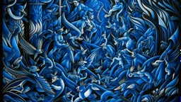 A dark blue chaotic realm with pixies painted by MC Escher