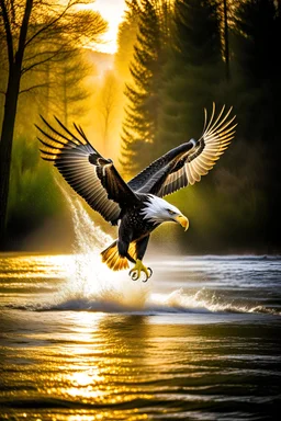 An image capturing a majestic eagle in flight, holding a large fish in its talons as it soars above a winding river. The sunlight glistens on the water below, and the eagle's powerful wings spread wide against the sky. The scene showcases the eagle's incredible hunting prowess and the dynamic beauty of the natural world.