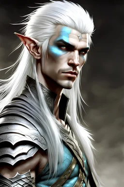 in the art style of Luis Royo: Male blue skinned Elf with white hair, 3D game art style