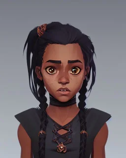 Portrait of an adorable dark skinned 9 year old witch kid with braided black hair