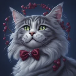 A Main Coon cat gray and white on a midnight blue velvet pillow and wearing a berry bow around her neck. Illustrative art, art interpretation, concept art, cgsociety contest winner, seasonal art, seasonal art HD, 4k, 8k, intricate, detailed, intricately detailed, luminous, translucent fantasy crystal, holographic data, soft body, shadow play, light, fog, atmospheric, cinematic, light film, hyper-detailed, hyper-realistic, masterpiece, atmospheric, high resolution, 8k, HDR, 500px, mysterious and