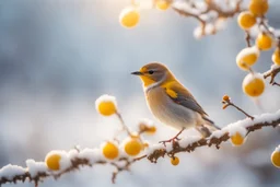 A beautiful colourful little bird catches a yellow berry with its beak while standing on a snowy branch in sunshine, ethereal, cinematic postprocessing, bokeh, dof