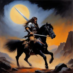 [oil painting illustration] Molly Hatchet as Frank frazetta's Death Dealer: All is lost. Molly Hatchet is fighting with his guitar as a sword, the screams of pain and suffering echo of his opponents as they are dispatched all around him. Even in death, they call his name, begging forgiveness for their failure to win the day.