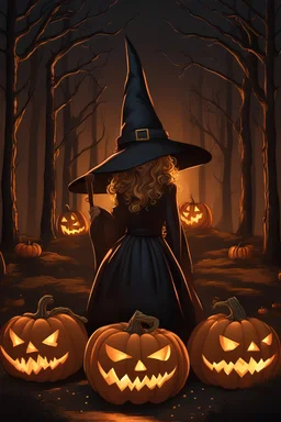 witch, Halloween atmosphere, curved pumpkins, candles, a forest with lights in the background
