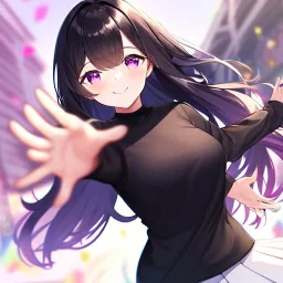 Clear focus,High resolution, Black long fluffy hair, and purple eyes, Teen, Sassy, black shirt, pink bow, white short skirt, cute, smile, hands out, reaching out to you