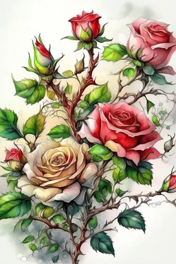 sketch, delicate drawing, watercolor painting, beautiful landscape, a branch of lush non-pink lace roses with buds, many large and small flowers, buds, different shades of color, pixel graphics, many details, sensuality, realism, high quality, decoration, hyperdetalization, professionally, filigree, hyperrealism, backlight, contrast, fantastic, fabulous, unreal, translucent, luminous, clear lines, light green, bluish background at the top, white edges