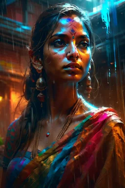 An indian beautiful supermodel in saree, rain, dawn, by Greg Rutkowski and Russ Mills, head and shoulders portrait, 8k resolution concept art portrait by Greg Rutkowski, Artgerm, WLOP, Alphonse Mucha dynamic lighting hyperdetailed intricately detailed Splash art trending on Artstation triadic colors Unreal Engine 5 volumetric lighting