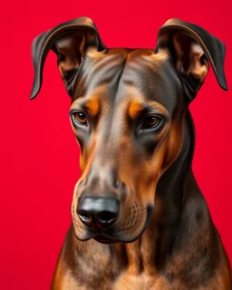 female majestic doberman with slik face on clean red background, head full of power slightly looking down, angry but strong, not agressive