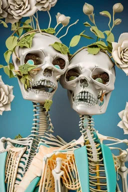 Surreal Couple Made Of Metal Skeletons With Flowering Vines Growing connecting the bones and wearing Blue Gray Green Striped Business Suits With Paisley Shirts And Ties; Surreal, Intricately Detailed, Beautiful, Colorful, award-winning, high definition, ultra-detailed