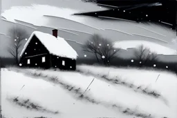 snowy land with a lone pale weather-beaten cottage, (heavy snowing:2), acrylic paint, minimal art, low colors of steel gray, snow white and black, sparse pale cobalt tint leak, wild brush strokes, hard winter, storm dynamics, great wind diagonals, gloomy mountain skyline
