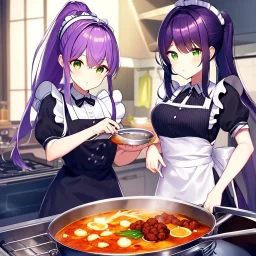 girl, masterpiece, best quality, volumetric lighting, detailed outfit, perfect eyes, purple hair, long hair, green eyes, ponytail, maid, indoors, cooking food,