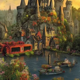 A magical gothic canal little town of wizards, witches and warlocks with a castle and huge caravan houses Nick Harris style