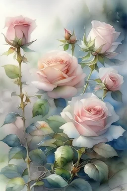62. English watercolor, tea roses, drawing, beautiful landscape, fog, many details, delicate sensuality, realistic, high quality, work of art, hyperdetalization, professionally, filigree, silver haze, hyperrealism, professionally, transparent, gently pastel tones, backlight, contrast, fantastic, fabulous, unreal, translucent, glowing, clear lines, epic fabulous, 30mm lens, ISO 100, pixel graphics
