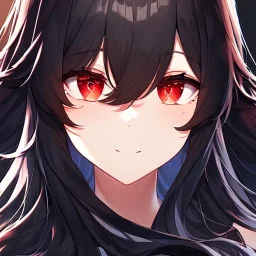 Clear focus,High resolution, black long fluffy hair, long fluffy bangs, red eyes, wearing a lab outfit, extreme close up, evil smile, front hair cover eyes