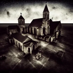 aerial wide view contemporary crime fiction, old stone church, French village at night, big sky, templar seal, occultism, dark, night, epic illustration, color wet plate , album music cover