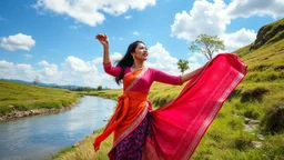 beautiful yaung lady is dancing and singing in country side next to narrow river ,flowers blosome pretty clouds in blue sky ,few nice trees