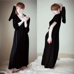 Realistic photo Russian shorthair beautiful 20-years tomboy boyish boylike young wife wide hips in black nightgown